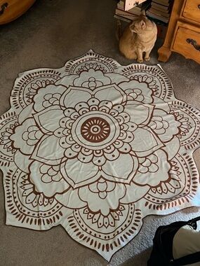 Women's Light Blue and Brown Floral Round Beach Towel